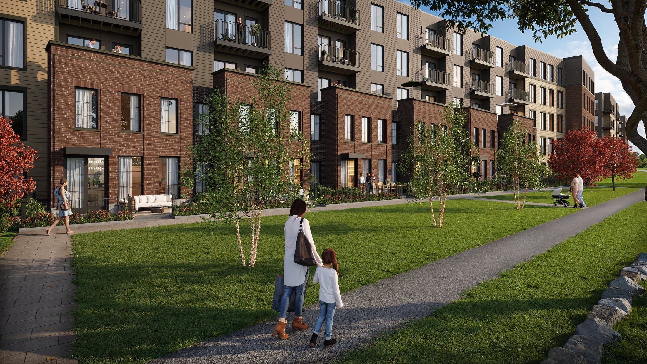 AI-assisted render of a multi-family real estate development with park and residential facade