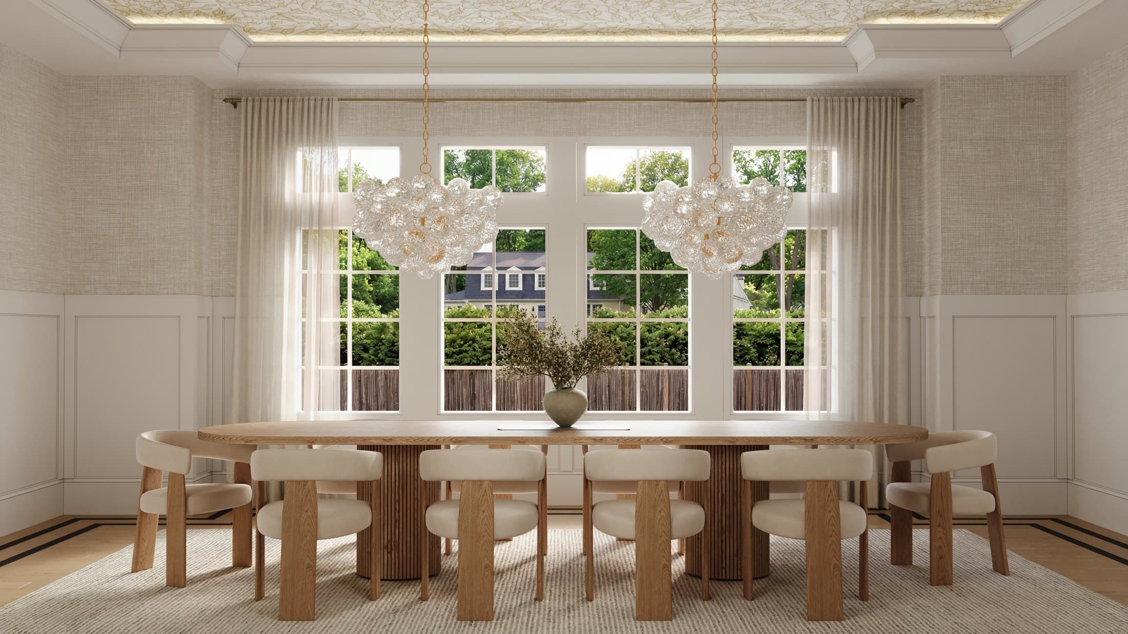 Dining room render with window view prepared as a seasonal real estate visualization