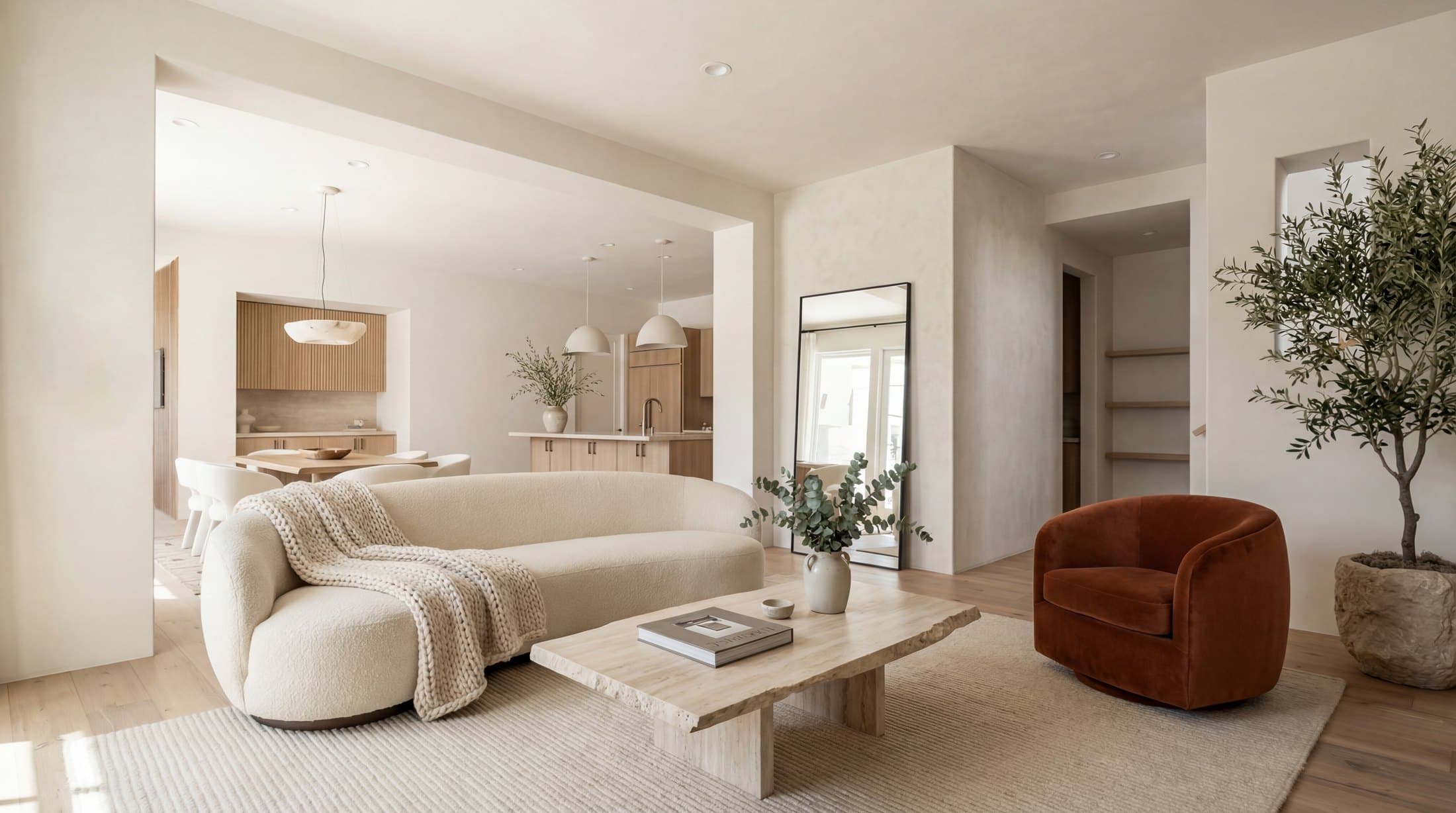 Bright vacation home living room render prepared for a real estate listing