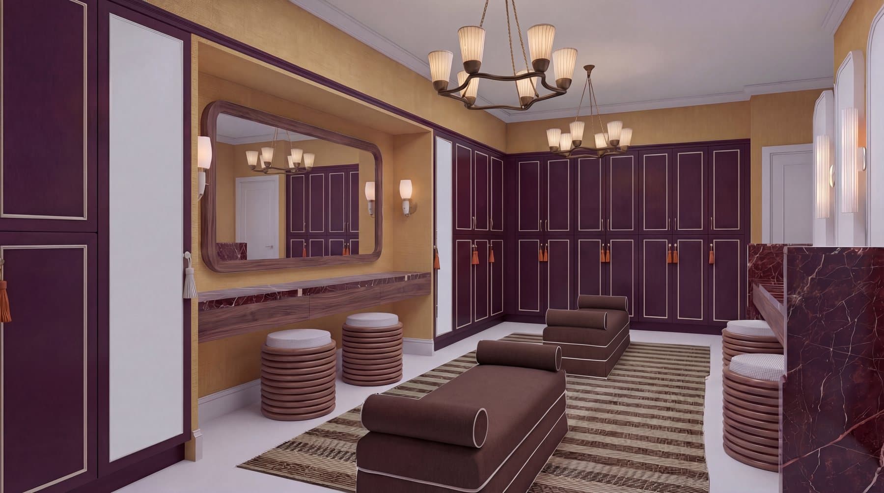 Spa and amenity interior render with warm lighting and detailed material palette