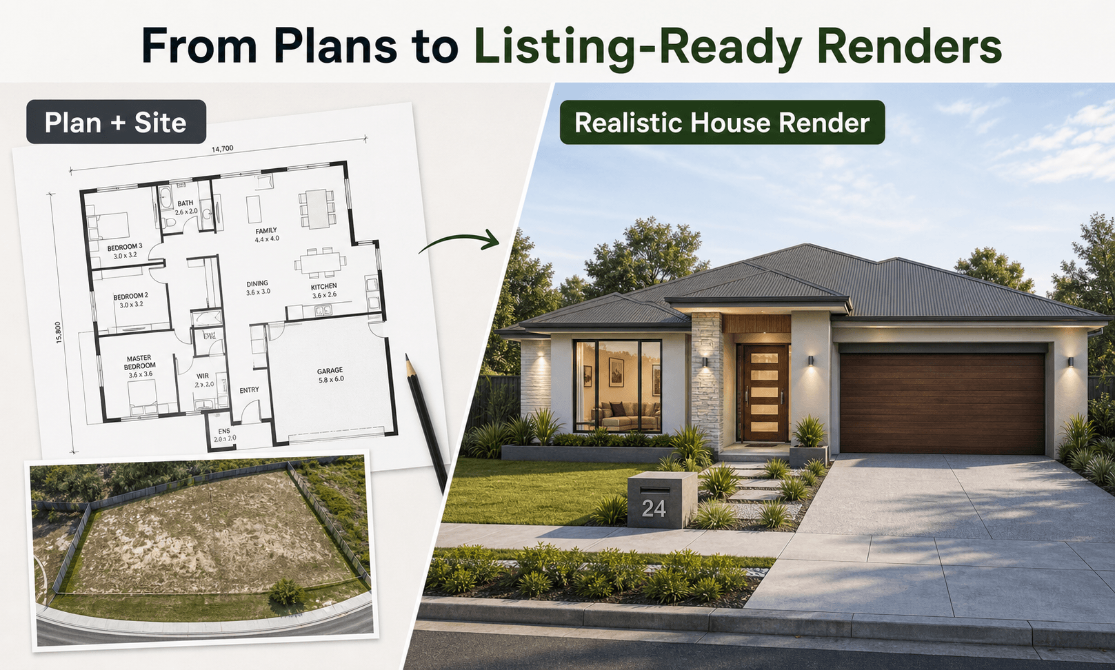 Plan and drone site photo transformed into a realistic house render for a real estate listing