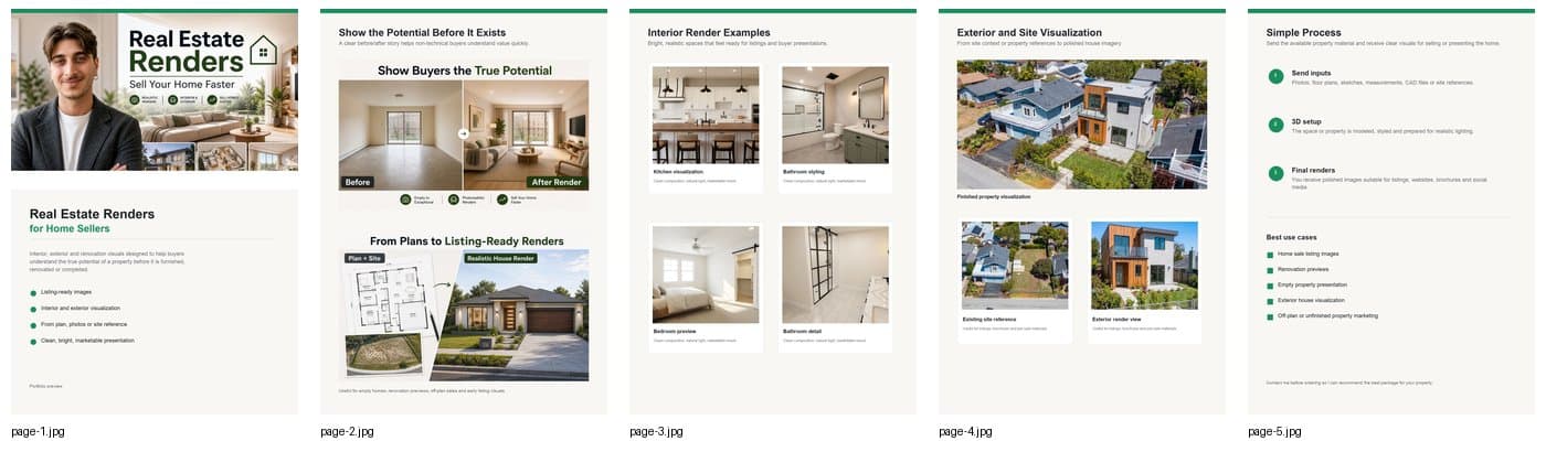 Contact sheet preview of a real estate render portfolio PDF